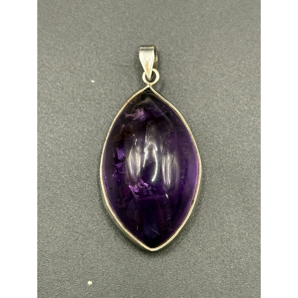 2" Sterling Silver Genuine Amethyst CaB Pendant 38x23MM E27